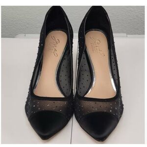 BADGLEY MISCHKA  jewel Jobina Black Satin Mesh Rhinestones sz 8, 3” heels